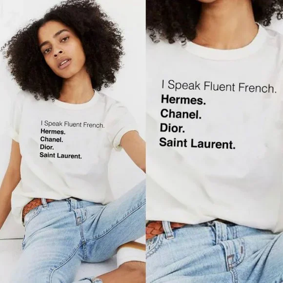 NEW White Fashion Designer Logo I Speak French Graphic Tee 100% Cotton T Shirt - Picture 2 of 5